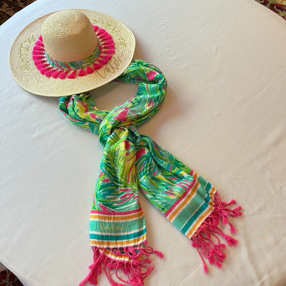 Lilly Pulitzer Palm Leaf  Scarf-Wrap-Swim Cover-Up Multi Color Fringe - Picture 13 of 15